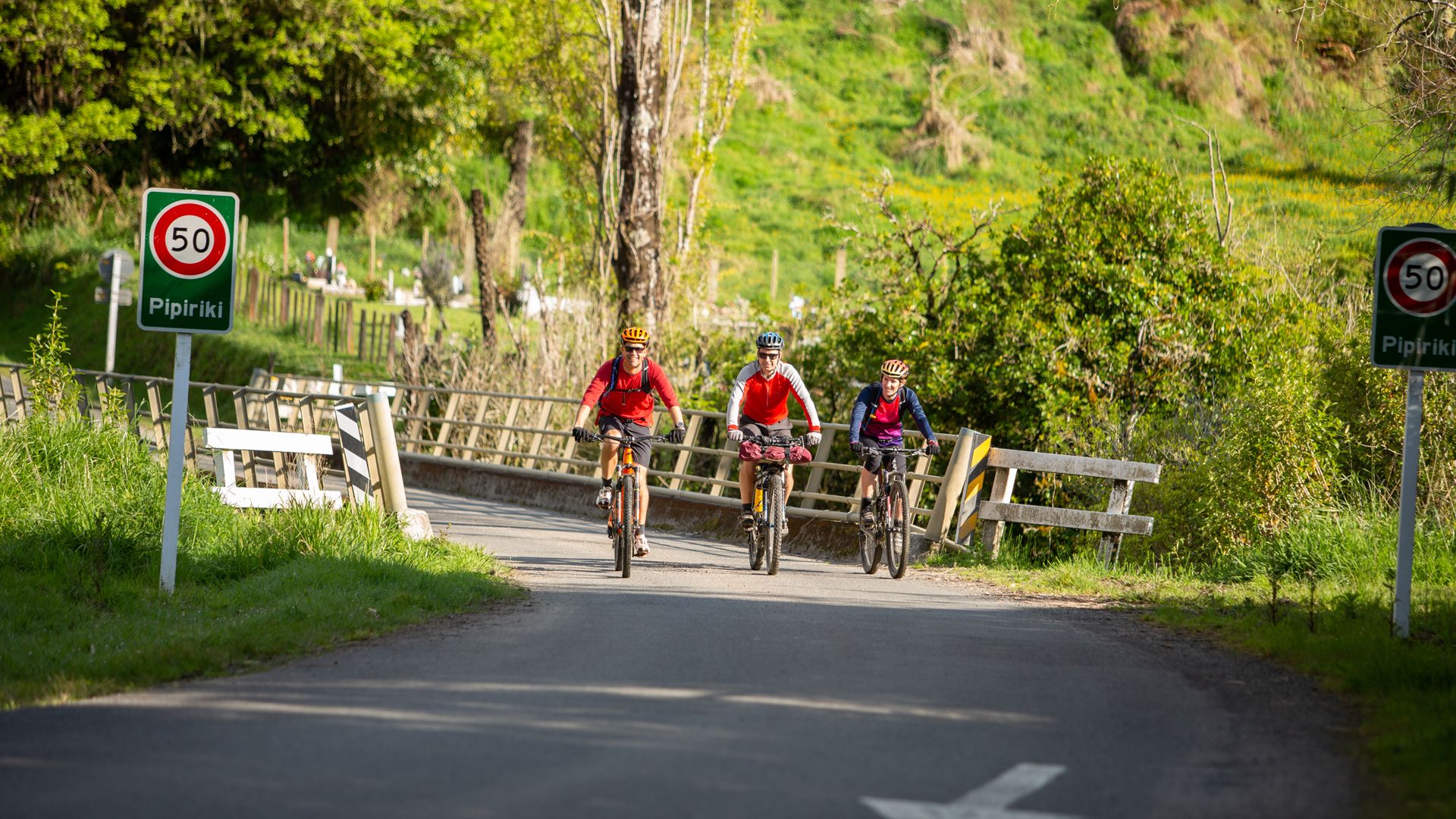 Three riders coming into Pipiriki on the Whanganui River Road, part of the Mountains to Sea Cycle Trail - Visit Ruapehu.jpg